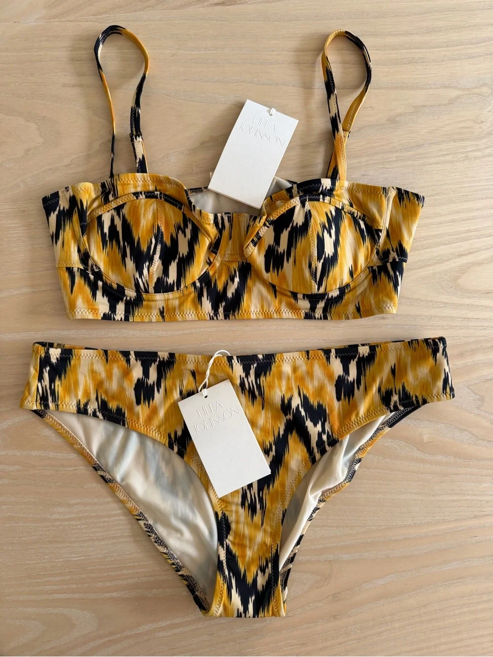 Ulla Johnson Solara Yellow and Black Ikat-Print Bikini Set